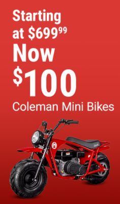 Tractor Supply Company promotion. Save 100 dollars on Coleman mini bikes starting at 699.99. Image shows a red Coleman mini bike on a red background.