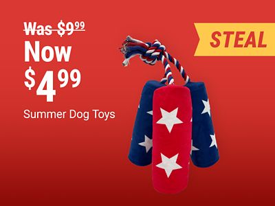 Tractor Supply Company promotion. Featured steal deal on Retriever summer dog toys now 4.99 was 9.99. Image shows patriotic red, white, and blue rope dog toy with a featured steal badge.