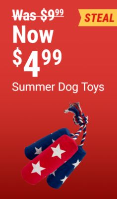 Tractor Supply Company promotion. Featured steal deal on Retriever summer dog toys now 4.99 was 9.99. Image shows patriotic red, white, and blue rope dog toy with a featured steal badge.