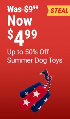 Steal: Summer dog toys now $4.99, reduced from $9.99, with savings of up to 50% off. Includes rope and plush dog toys.