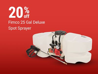 Tractor Supply Company promotion. Save 20 percent on the Fimco 25 gallon deluxe spot sprayer. Image shows a white tank spot sprayer with hose, spray wand, and pump assembly on a red background.