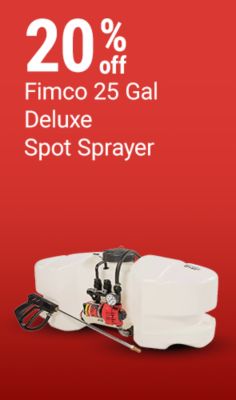 Tractor Supply Company promotion. Save 20 percent on the Fimco 25 gallon deluxe spot sprayer. Image shows a white tank spot sprayer with hose, spray wand, and pump assembly on a red background.