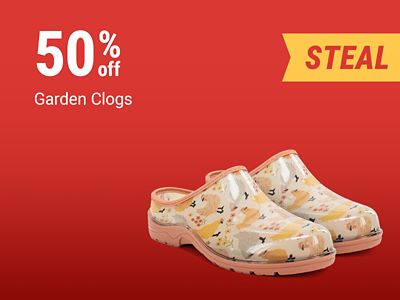 Tractor Supply Company promotion. Save 50 percent off garden clogs. Image shows a pair of floral patterned garden clogs with a featured steal badge.