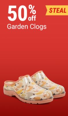 Tractor Supply Company promotion. Save 50 percent off garden clogs. Image shows a pair of floral patterned garden clogs with a featured steal badge.