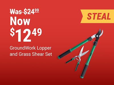 Tractor Supply Company promotion. Featured steal deal on GroundWork lopper and grass shear set now 12.49 was 24.99. Image shows green handled loppers and grass shears with a featured steal badge.