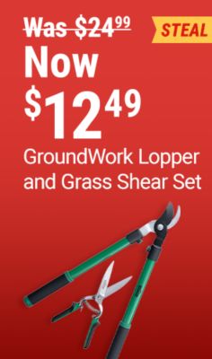 Tractor Supply Company promotion. Featured steal deal on GroundWork lopper and grass shear set now 12.49 was 24.99. Image shows green handled loppers and grass shears with a featured steal badge.