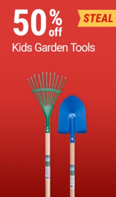 Tractor Supply Company promotion. Save 50 percent off kids garden tools with savings available through in store pickup. Image shows a children's rake and shovel with a featured steal badge.