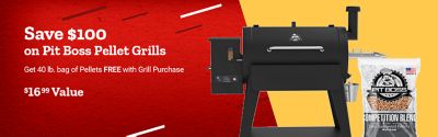 Save $100 on Pit Boss pellet grills. Get a free 40 lb. bag of Pit Boss Competition Blend BBQ Pellets, a $16.99 value, with grill purchase.
