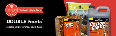 Neighbor's Club Rewards members earn double points on select wildlife minerals, feed, and blocks. Exclusive offer through August 23.