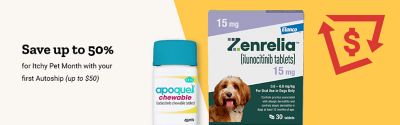 Save up to 50 percent for Itchy Pet Month with your first Autoship, up to 50 dollars.