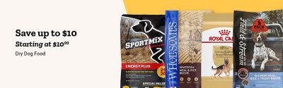 Save up to $10 on dry dog food, starting at $10.99.