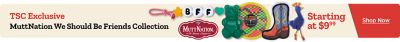 Tractor Supply Company Neighbor's Club exclusive promotion. Shop the MuttNation by Miranda Lambert We Should Be Friends Collection starting at 9.99. Image shows colorful pet toys and accessories including a BFF keychain toy, gummy bear toy, frisbee, boot toy, and plush giraffe. Shop Now.