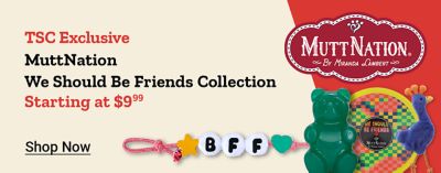 Tractor Supply Company Neighbor's Club exclusive promotion. Shop the MuttNation by Miranda Lambert We Should Be Friends Collection starting at 9.99. Image shows colorful pet toys and accessories including a BFF keychain toy, gummy bear toy, frisbee, boot toy, and plush giraffe. Shop Now.