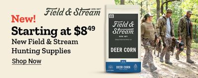 New Field & Stream hunting supplies starting at 8.49. Image shows a bag of Field & Stream deer corn and hunters walking through the woods. Shop Now.