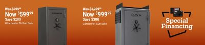 Winchester 36 gun safe now 599.99 was 799.99 save 200 dollars. Cannon 64 gun safe now 999.99 was 1299.99 save 300 dollars. Special financing available. Image shows Winchester and Cannon gun safes with TSC credit card financing graphic.