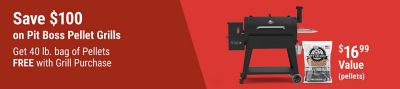 Save $100 on Pit Boss pellet grills. Get a free 40 lb. bag of Pit Boss Competition Blend BBQ Pellets, a $16.99 value, with grill purchase. Image shows a Pit Boss pellet grill and bag of Competition Blend BBQ pellets on a red background.