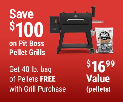 Save $100 on Pit Boss pellet grills. Get a free 40 lb. bag of Pit Boss Competition Blend BBQ Pellets, a $16.99 value, with grill purchase. Image shows a Pit Boss pellet grill and bag of Competition Blend BBQ pellets on a red background.