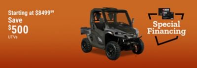 UTVs starting at 8499.99 with savings up to 500 dollars. Special financing available. Image shows a gray utility terrain vehicle and TSC credit card financing graphic on an orange background.