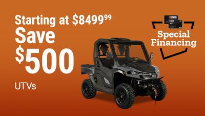 UTVs starting at 8499.99 with savings up to 500 dollars. Special financing available. Image shows a gray utility terrain vehicle and TSC credit card financing graphic on an orange background.