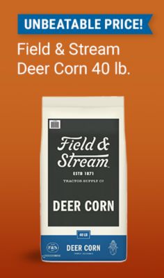 Unbeatable price on Field & Stream 40 pound deer corn. Image shows a 40 pound bag of Field & Stream deer corn on an orange background.