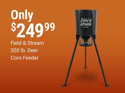 Field & Stream 200 pound deer corn feeder only 249.99. Image shows a black tripod style Field & Stream deer corn feeder on an orange background.