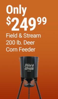 Field & Stream 200 pound deer corn feeder only 249.99. Image shows a black tripod style Field & Stream deer corn feeder on an orange background.