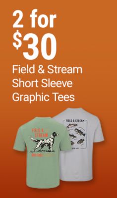 Buy two for 30 dollars on Field & Stream short sleeve graphic tees. Image shows two Field & Stream graphic t-shirts on an orange background.