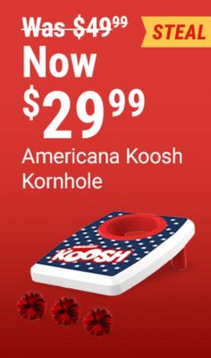 Americana Koosh Kornhole game now 29.99 was 49.99. Image shows a patriotic red, white, and blue tabletop cornhole game with Koosh balls and a featured steal deal badge.