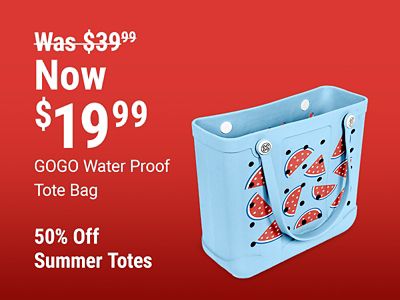 GOGO waterproof tote bag now 19.99 was 39.99. Save 50 percent on summer totes. Image shows a light blue waterproof tote bag with watermelon pattern on a red background.