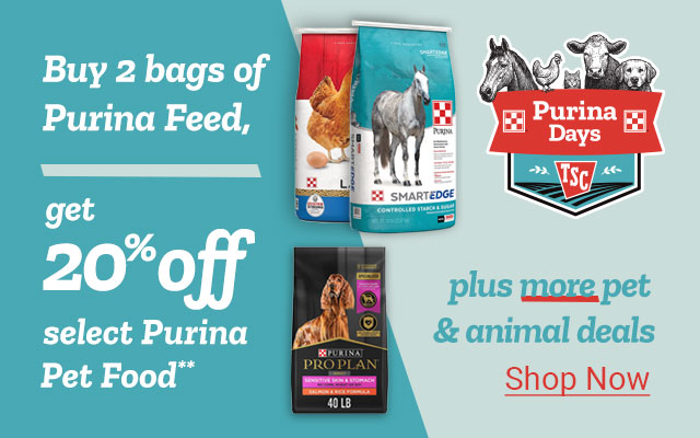 Purina Days promotion banner. Text reads: "Buy 2 bags of Purina Feed, get 20% off select Purina Pet Food**" with images of feed bags for chickens, horses, and dogs. The right side features the Purina Days logo with illustrated animals, and a callout that says "plus more pet & animal deals" and "Shop Now."