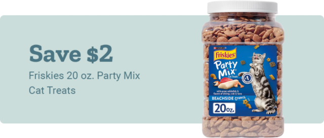 Save $2 on Friskies 20 oz. Party Mix Cat Treats.