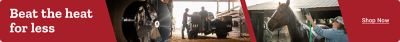 Beat the heat for less. Promotional banner featuring a barn fan, people working in a barn, and a person cooling a horse with a hose.