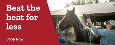 Beat the heat for less. Promotional banner featuring a barn fan, people working in a barn, and a person cooling a horse with a hose.