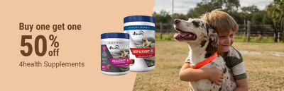 Buy one, get one 50% off 4health supplements. Promotional banner featuring 4health Hip & Joint and Allergy supplements and a child hugging a dog.