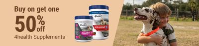 Buy one, get one 50% off 4health supplements. Promotional banner featuring 4health Hip & Joint and Allergy supplements and a child hugging a dog.