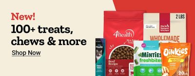 Tractor Supply Company promotion. New selection of more than 100 pet treats, chews, and more. Image shows assorted dog treats and chews from multiple brands. Shop Now.