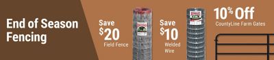 Tractor Supply Company end of season fencing promotion. Save 20 dollars on field fence, save 10 dollars on welded wire, and get 10 percent off CountyLine farm gates. Image shows rolls of Red Brand field fence and welded wire alongside a metal farm gate.