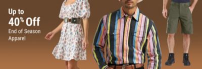 Tractor Supply Company promotion. Save up to 40 percent off end of season apparel. Image shows a woman wearing a floral dress, a man wearing a multicolor striped shirt, and a person wearing green shorts.