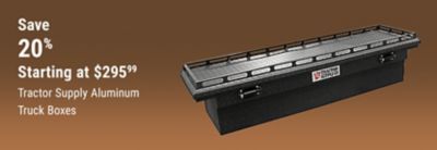 Tractor Supply Company promotion. Save 20 percent on Tractor Supply aluminum truck boxes starting at 295.99. Image shows a black aluminum truck toolbox.
