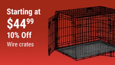 Tractor Supply Company promotion. Save 10 percent on wire crates starting at 49.99. Image shows a black folding wire pet crate with removable tray on a red background.