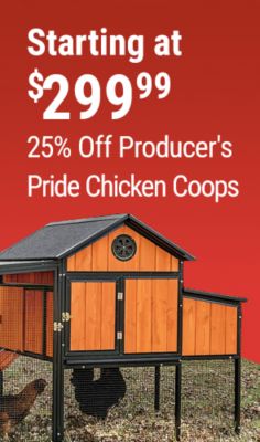 Tractor Supply Company promotion. Save 25 percent on Producer's Pride chicken coops starting at 299.99. Image shows an elevated wooden chicken coop with enclosed wire run on a red background.