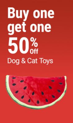 Tractor Supply Company promotion. Buy one dog or cat toy and get one 50 percent off. Image shows a plush watermelon slice pet toy on a red background.