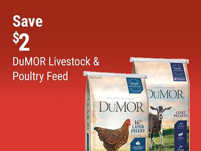 Tractor Supply Company promotion. Save 2 dollars on DuMOR livestock and poultry feed. Image shows bags of DuMOR 16 percent layer pellet poultry feed and goat pellets.