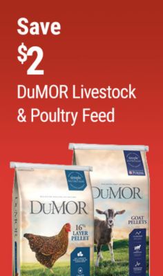 Tractor Supply Company promotion. Save 2 dollars on DuMOR livestock and poultry feed. Image shows bags of DuMOR 16 percent layer pellet poultry feed and goat pellets.