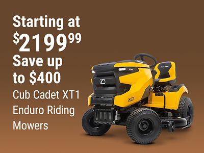 Tractor Supply Company promotion. Cub Cadet XT1 Enduro riding mowers starting at 2199.99 with savings up to 400 dollars. Image shows a yellow Cub Cadet XT1 riding lawn mower.