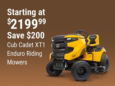 Tractor Supply Company promotion. Cub Cadet XT1 Enduro riding mowers starting at 2199.99 with savings of 200 dollars. Image shows a yellow Cub Cadet XT1 riding lawn mower.