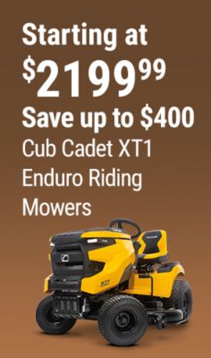 Tractor Supply Company promotion. Cub Cadet XT1 Enduro riding mowers starting at 2199.99 with savings up to 400 dollars. Image shows a yellow Cub Cadet XT1 riding lawn mower.