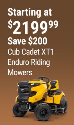 Tractor Supply Company promotion. Cub Cadet XT1 Enduro riding mowers starting at 2199.99 with savings of 200 dollars. Image shows a yellow Cub Cadet XT1 riding lawn mower.