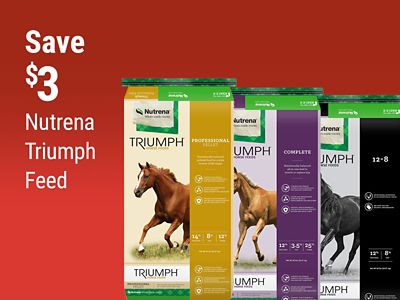 Tractor Supply Company promotion. Save 3 dollars on Nutrena Triumph feed. Image shows multiple varieties of Nutrena Triumph horse feed bags.