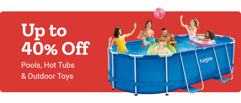 Up to 40% Off Pools, Hot Tubs & Outdoor Toys. Promotional banner with bold white text on a bright red background, showing a vivid blue FunSicle above-ground pool filled with six smiling people splashing, lounging on floats, and tossing a shiny pink beach ball.
